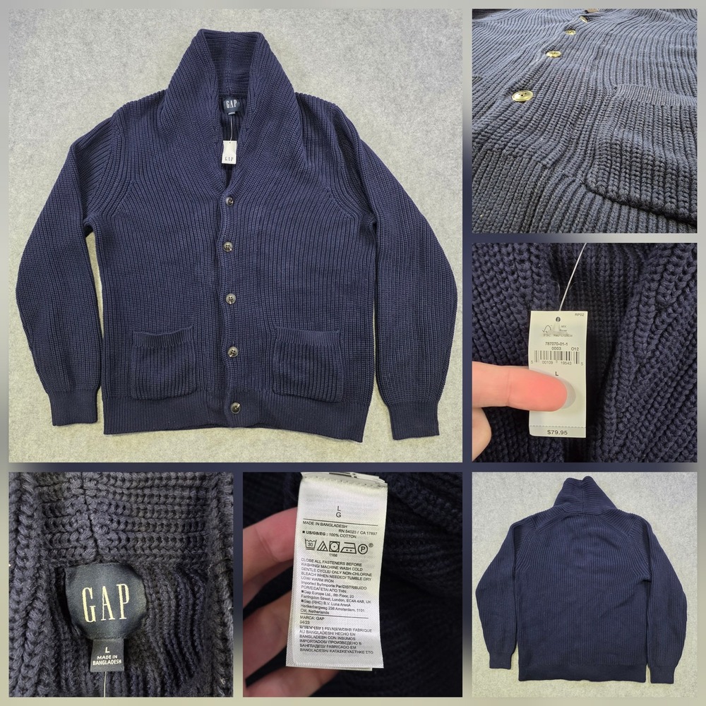 GAP Sweater Mens Large Blue Shawl Collar Cotton Chunky Knit Cardigan Pockets NWT